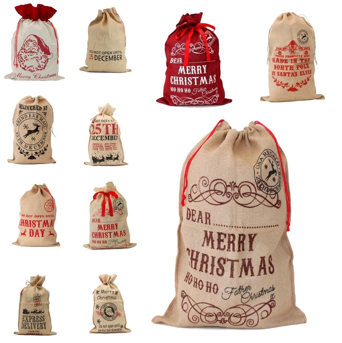 Christmas XMAS Large Jumbo Hessian Santa Sack Children Gifts Stocking