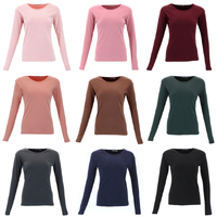 Women's Long Sleeve Thermal Fleece Crew Neck Soft Stretch Plain Color T-Shirt