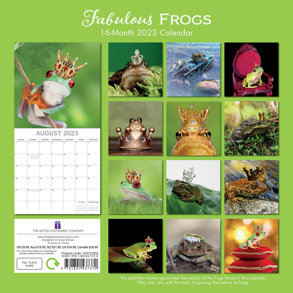 Fabulous Frogs 2023 Square Wall Calendar 16 month by Gifted Stationery