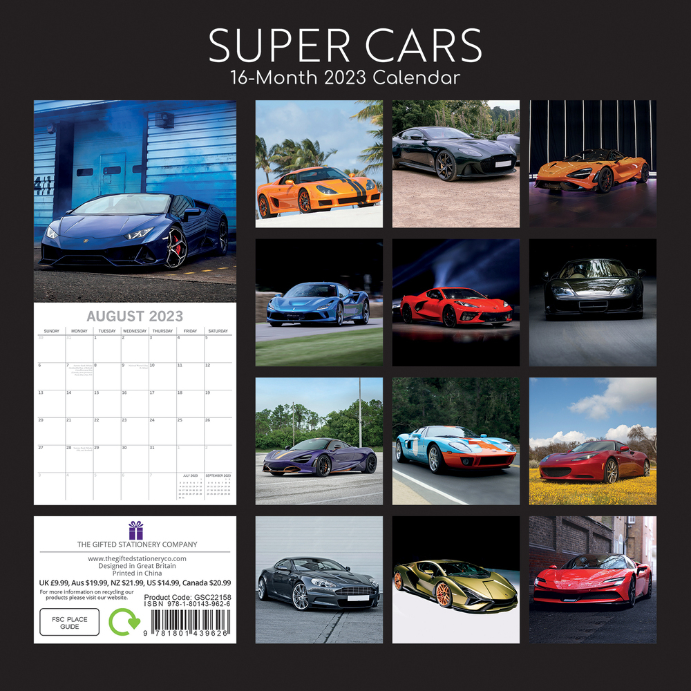 Super Cars - 2023 Square Wall Calendar 16 month by Gifted Stationery