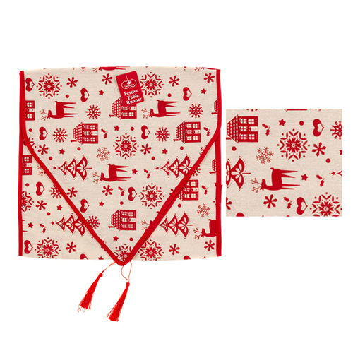 Christmas XMAS Burlap Hessian Table Runner Linen w Red Glitter Tassel 35x142cm [Design: A]