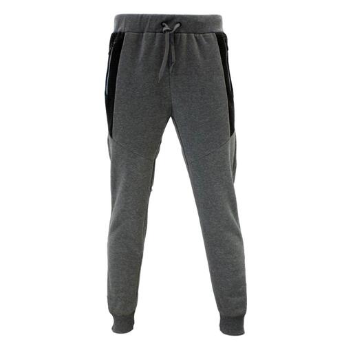 FIL Mens Unisex Fleece Jogger Track Pants Black Zipped Pockets Cuffed Trousers [Size: L] [Colour: Dark Grey]