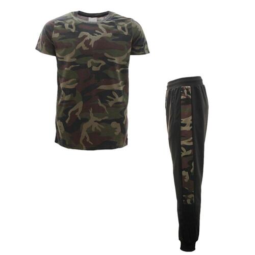 FIL Men's Camo T-Shirt & Tracksuit Sweatsuit Loungewear Set Camouflage [Size: S] [Colour: Green Camo]