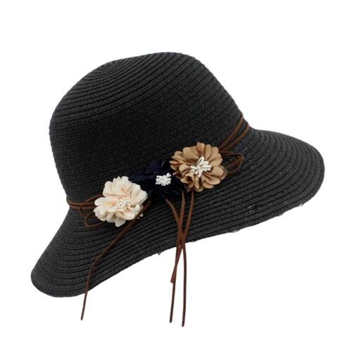 Women's Wide Brim Hat Straw Caps Summer Beach Sun Protective Outdoor Flower A [Colour: Black]