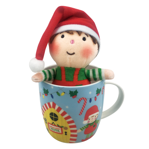 Christmas Novelty Mug Ceramic Tea Coffee Cup with Plush Toy KK Teacher Gift - Elf B