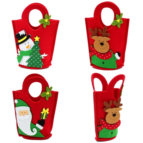 3x Christmas Red Felt Candy Loot Gift Xmas Bags Santa Deer Snowman