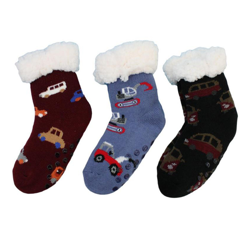 3 Pairs Kids’ Thick Fleece Non-Slip Home Bed Socks Warm Fur Lounge Slippers [Design: Vehicles A (7-9Y/32-35)