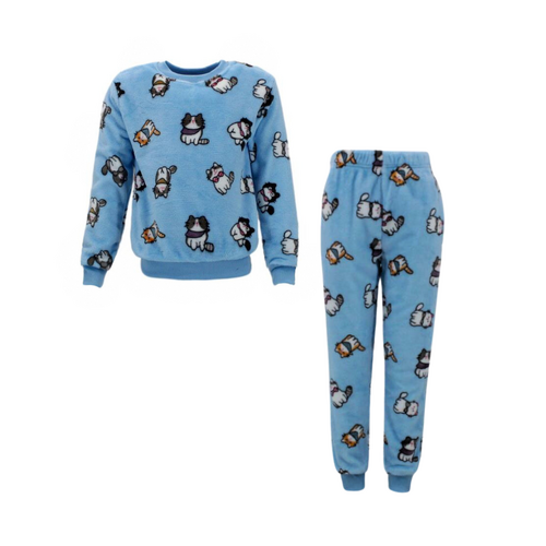 FIL Kids Plush 2pc Set Pyjama Loungewear Fleece Pajamas PJs Sleepwear w Prints [Size: 10] [Colour: Cats/Blue]