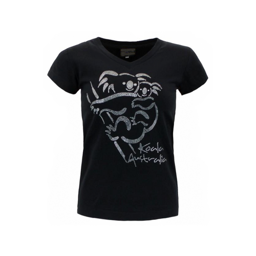 Womens Ladies T Shirt Australian Australia Souvenir w Rhinstone Cystal – Koala [Size: S] [Colour: Black]