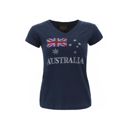 Womens Ladies T Shirt Australian Australia Souvenir w Rhinestone Crystal – Flag [Size: M] [Colour: Navy]