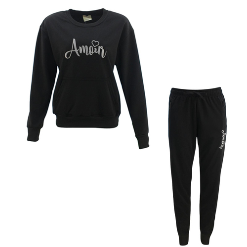 FIL Women's Tracksuit 2pc Set Loungewear Jumper Track Pants Embroidered - Amour [Size: 10] [Colour: Black]