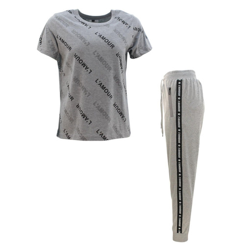 Women's 2pc Summer T-Shirt Track Pants Set Outfit Casual Loungewear - L'AMOUR [Size: 8] [Colour: Light Grey]