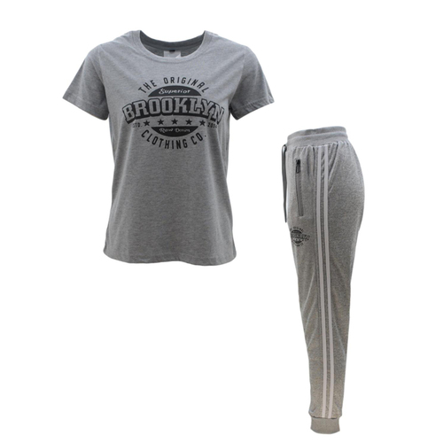 Women's 2pc Summer T-Shirt Track Pants Set Outfit Casual Loungewear - BROOKLYN [Size: 8] [Colour: Light Grey]