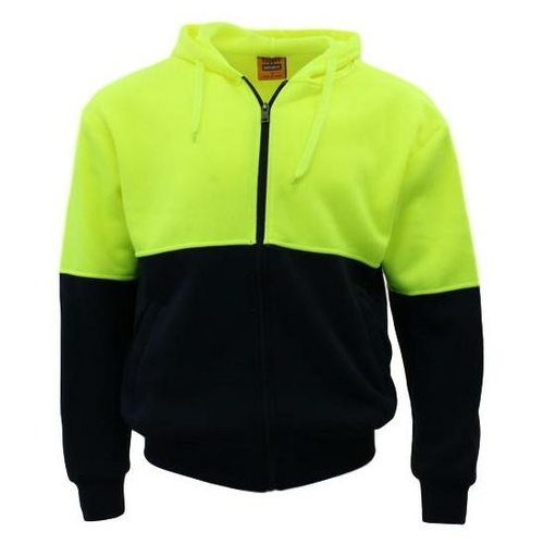 Hi-Vis Hooded Safety Workwear Fleece-lined Fleecy Full Zip Jumper Hoodie Jacket [Size: S] [Colour: Fluro Yellow/Navy]