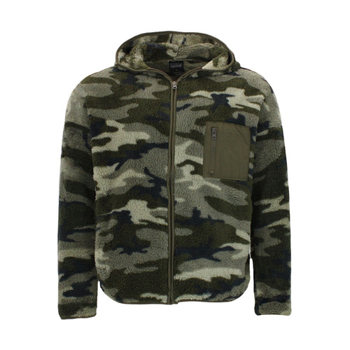 Men's Soft Fluffy Camouflage Teddy Fur Zip-Up Hooded Jacket Hoodie Sherpa Fleece Coat [Size: S] [Colour: Green Camo]