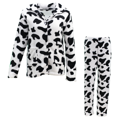 Women's Supersoft Pyjama Plush Loungewear Fleece Sleepwear Pajamas Set Winter PJ [Size: 8] [Design: Cow Print (Button up)]