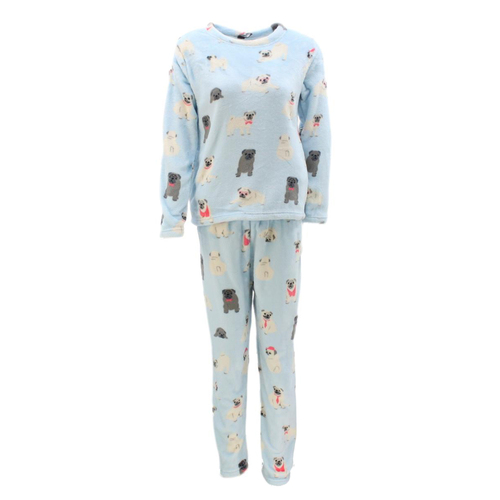 Women's Supersoft Pyjama Plush Loungewear Fleece Sleepwear Pajamas Set Winter PJ [Size: 8] [Design: Blue w Pugs (Pullover)]