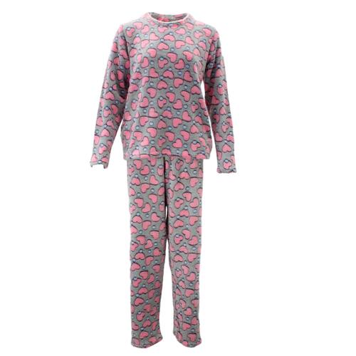 Women's Supersoft Pyjama Plush Loungewear Fleece Sleepwear Pajamas Set Winter PJ [Size: 10] [Design: Grey w Pink Hearts (Pullover)]