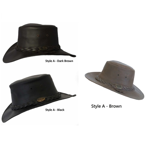 NEW Australian Aussie Outback Bush Hat Buffalo Leather Akubra Style [Colour: Black] [Size: L - 58-59CM] [Design: Style A]