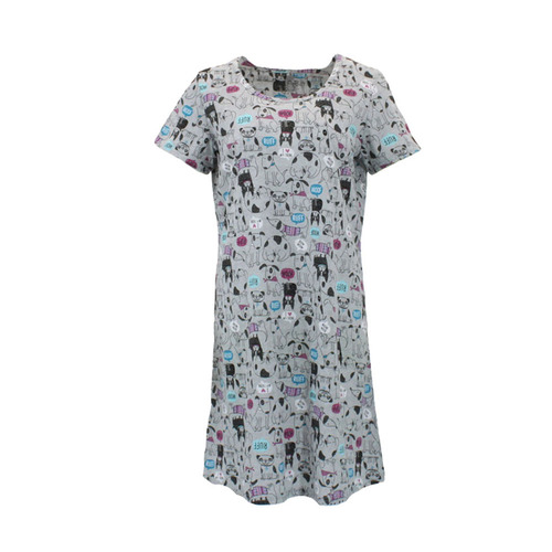 FIL Women's Cotton Blend Nightie Night gown Sleepwear PJ Cute Cat Dog Print [Size: S] [Design: Grey/Dogs]