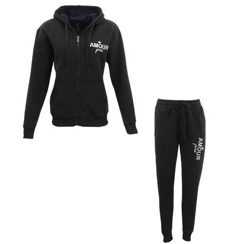 FIL Womens Zip Fleece Tracksuit 2pc Set Hoodie Loungewear Track Pants AMOUR Paris [Size: 10] [Colour: Black]