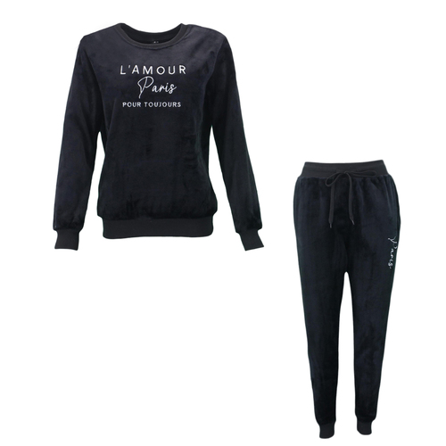 FIL Women's 2pc Set Loungewear Sleepwear Velvet Fleece Pajamas PJs - L'AMOUR [Size: 10] [Colour: Black]