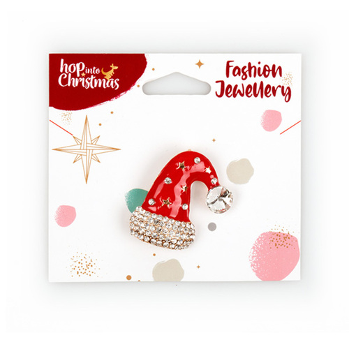 Christmas Brooch with Crystal Rhinestone Pin Party Jewellery Xmas [Design: Santa Hat]