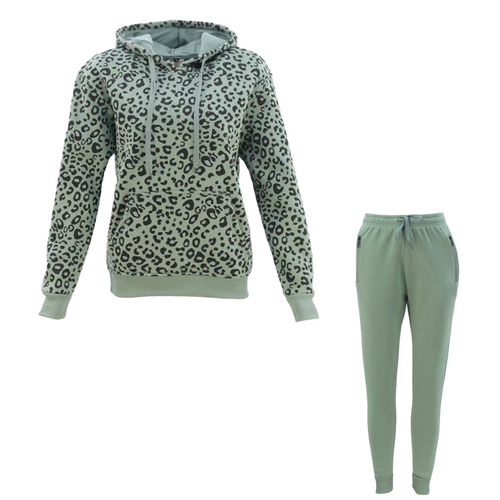 FIL Women's Tracksuit 2pc Set Hoodie Track Pants Loungewear Leopard Print [Size: 8] [Colour: Sage Green]
