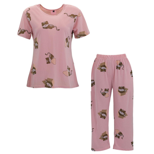 FIL Women's Summer Short Sleeve Tee 3/4 Pants Pyjama Set Sleepwear Loungewear [Size: 8] [Colour: Kittens/Dusty Pink]