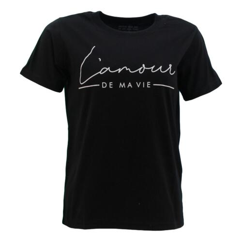 Women's Casual Summer T-Shirt Tee Short Sleeve Crew Neck - L'amour [Size: 10] [Colour: Black]