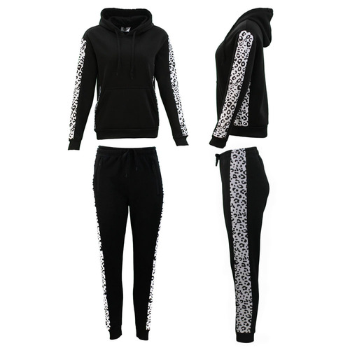 FIL Women's Tracksuit 2pc Set Hoodie Track Pants Loungewear Leopard Stripe [Size: 8] [Colour: Black]