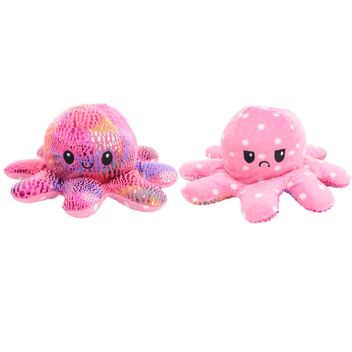 Double-Sided Flip Reversible Emotions Octopus Animal Plush Stuffed Sensory Fidget Toy [Design: Octopus Sequin Pink/Polka Dot]