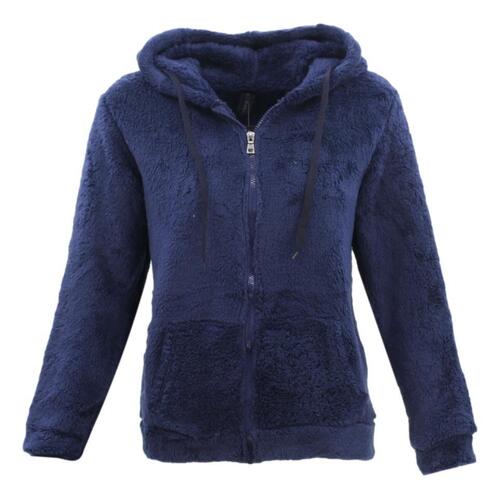 FIL Women's Teddy Fur Zip Up Hoodie Jacket Fleece Soft Winter Sherpa Fluffy Coat [Size: 8] [Colour: Navy]