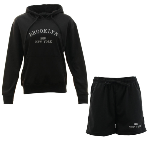 Women's Casual Loungewear Embroidered Hoodie & Shorts Set - BROOKLYN 1898 [Size: L] [Colour: Black]