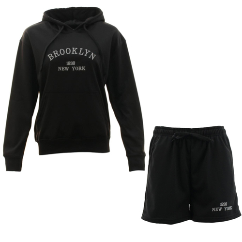 Women's Casual Loungewear Embroidered Hoodie & Shorts Set - BROOKLYN 1898 [Size: XL] [Colour: Black]