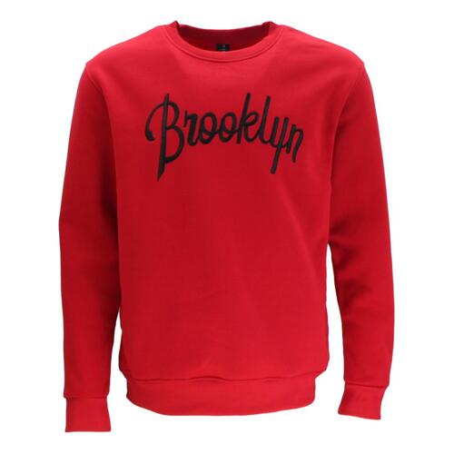 Men's Unisex Fleece Crew Neck Sweater Jumper Pullover Embroidered - Brooklyn [Size: S] [Colour: Red]