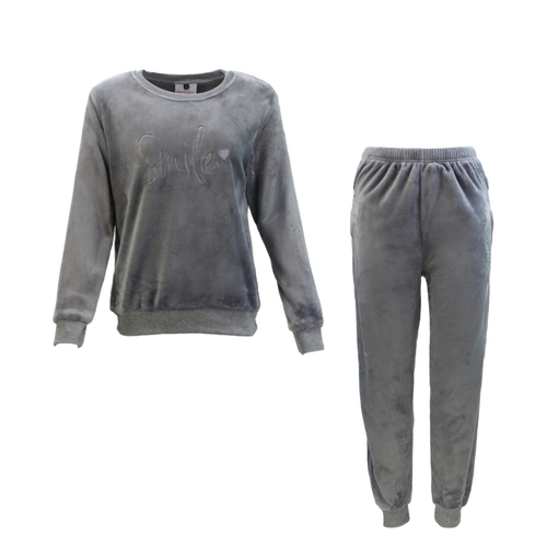 FIL Women's Plush 2pc Set Loungewear Fleece Sleepwear Soft Pajamas PJs - Smile [Size: S] [Colour: Dark Grey]