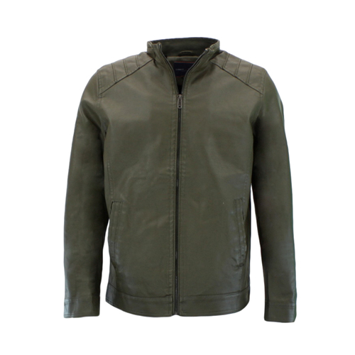 Men's PU Leather Jacket Zip Bomber Coat Motorcycle Biker Jacket Fleece Lined [Size: 2XL] [Colour: Olive]