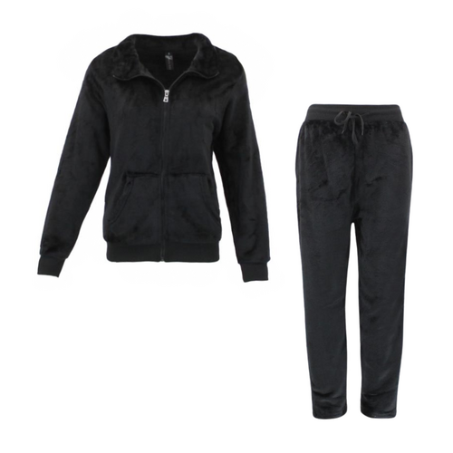 FIL Women's Zip up Track Top Pants 2pcs Set Loungewear Velour Fleece [Size: 8] [Colour: Black]