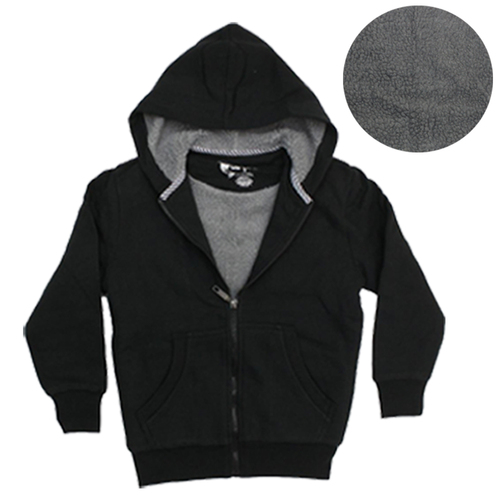 Kids Unisex Thick Hoodie Zip Up Jacket Cotton Rich Sherpa Fur Jumper Winter Coat [Size: L (12-14)] [Colour: Black]