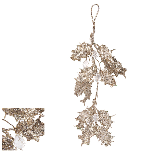 Christmas Tree Ornament XMAS Deco Hanging Decor Pendant [Design: Champagne Holly Branch]