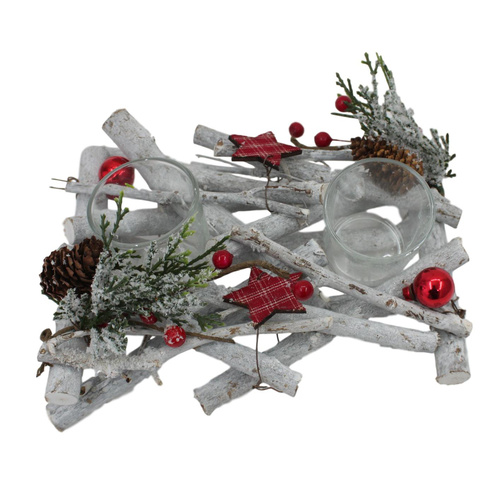 Christmas Xmas Branches Candle Holder Berry Frosted Pine Table Décor [Design: A]