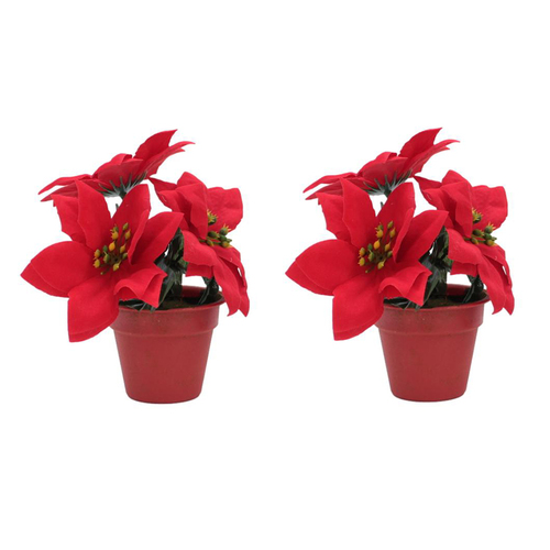 2x Poinsettia Flower in Pot Christmas Artifical Flower Floral Xmas Decoration [Design: A]