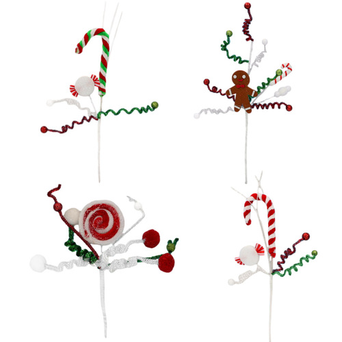 4x 35cm Christmas Tinsel Pick Tree Ornament Candy Cane Gingerbread Man Décor