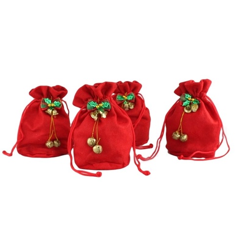 4x Red Christmas Gift Bags Pouch w Bells Felt Fabric Treat Candy Party Favour