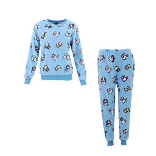 FIL Women's Plush 2pc Set Pyjama Loungewear Fleece Sleepwear - Cats/Blue [Size: 8]