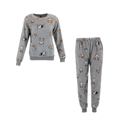FIL Women's Plush 2pc Set Pyjama Loungewear Fleece Sleepwear - Dogs/Brown [Size: 8]