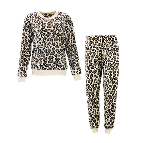 FIL Women's Plush 2pc Set Pyjama Loungewear - Leopard Print/Cream [Size: 8]