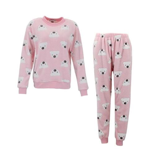 FIL Women's Plush 2pc Set Pyjama Loungewear Fleece - Polar Bear/Pink [Size: 8]