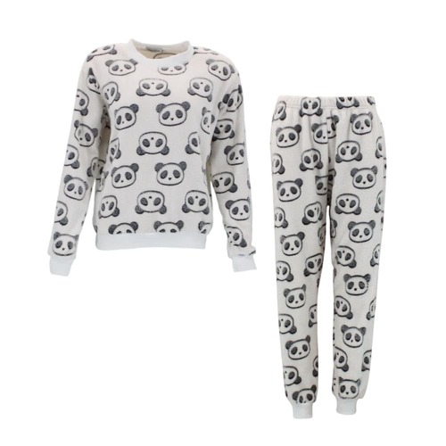 FIL Women's Plush 2pc Set Pyjama Loungewear Fleece - Panda/Off White [Size: 8]